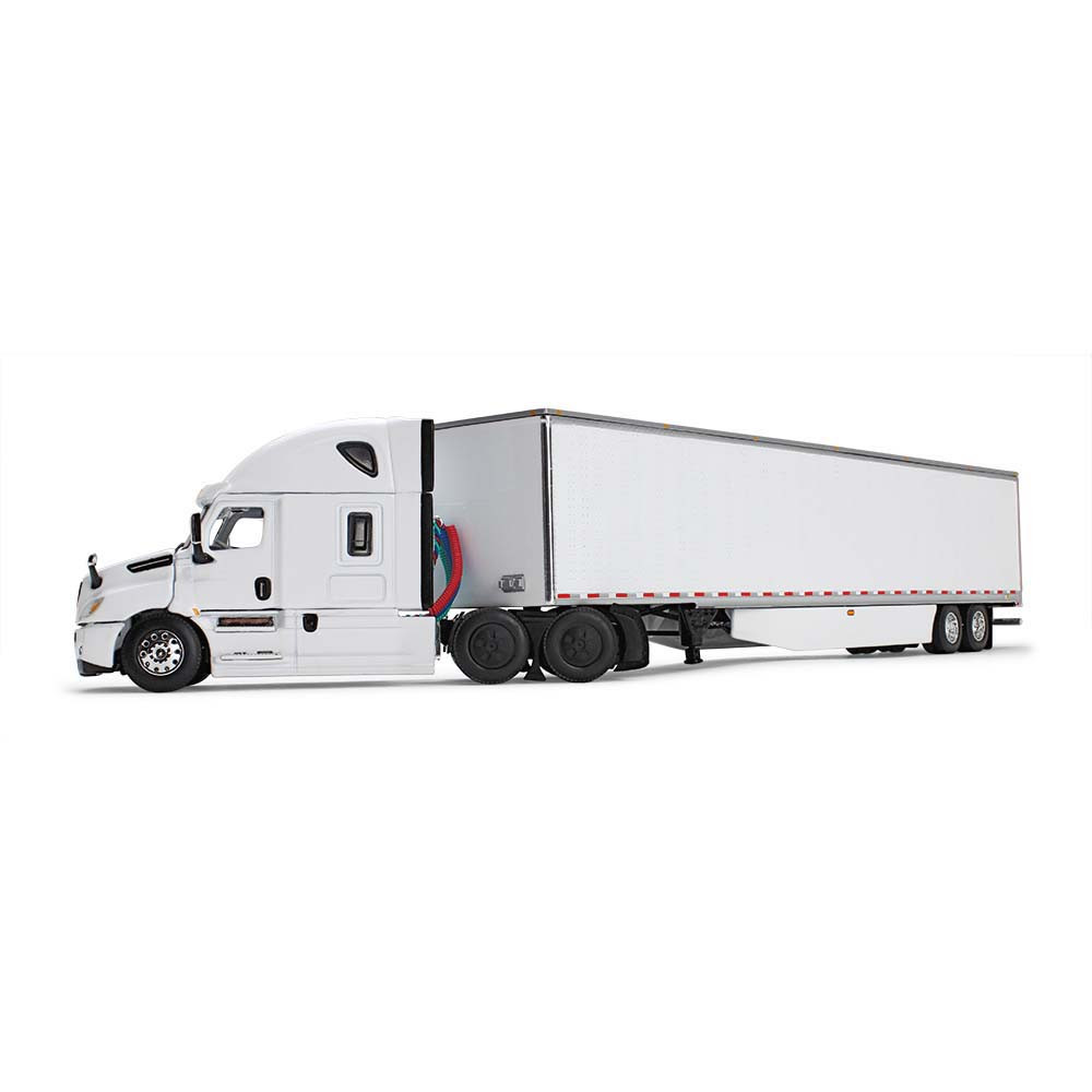 60-0744: White/White 
1/64 scale Freightliner 2018 Cascadia High-Roof Sleeper with 53' Utility Trailer with Skirts