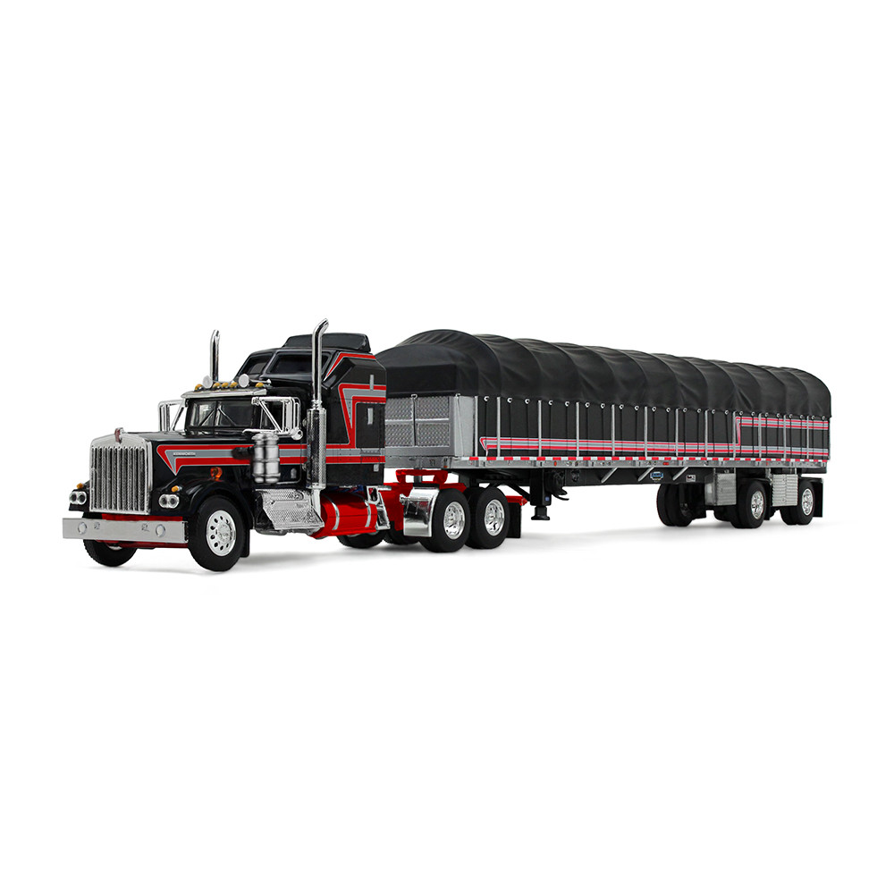 Black/Red Kenworth W900A with 60" Aerodyne Sleeper & 53' Wilson Roadbrute Flatbed Trailer with Covered Wagon