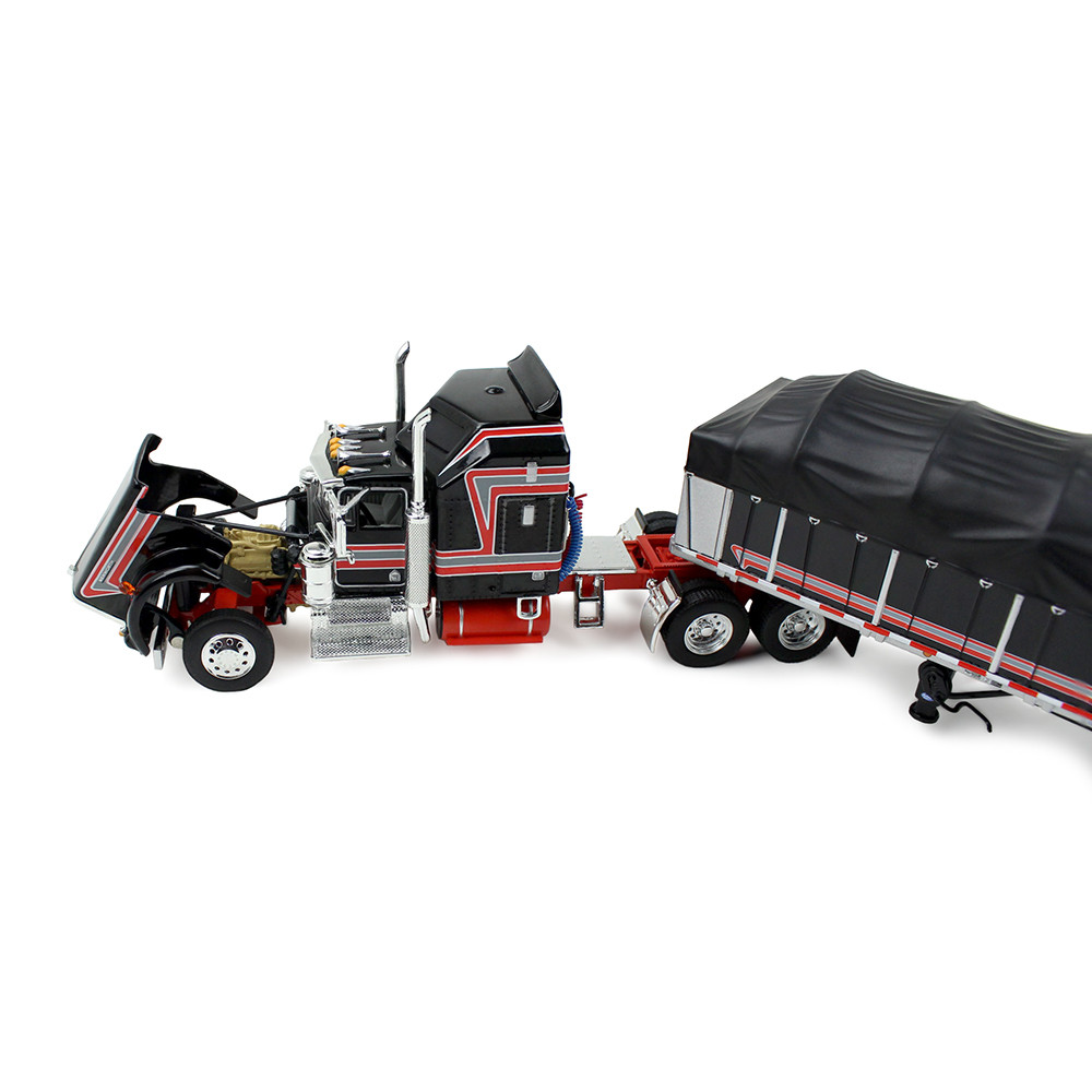 Black/Red Kenworth W900A with 60" Aerodyne Sleeper & 53' Wilson Roadbrute Flatbed Trailer with Covered Wagon
