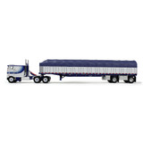 White/Blue Peterbilt Model 352 COE 110" Sleeper & 53' Wilson Roadbrute Flatbed Trailer with Covered Wagon