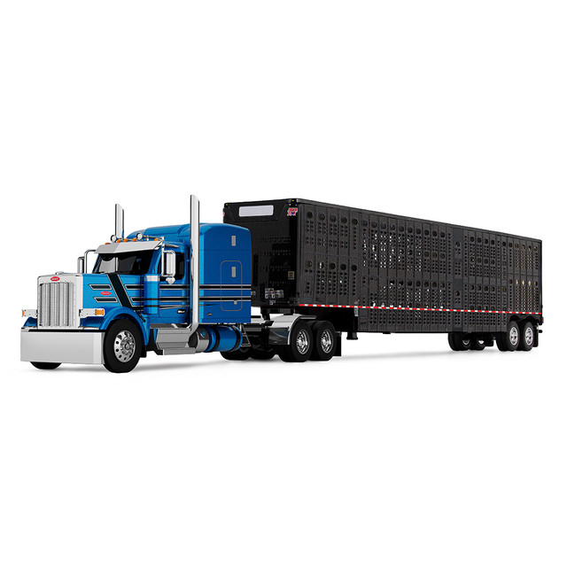 Bright Blue/Black Peterbilt Model 589 w/72" Mid-Roof Sleeper & Wilson Silverstar Livestock Trailer