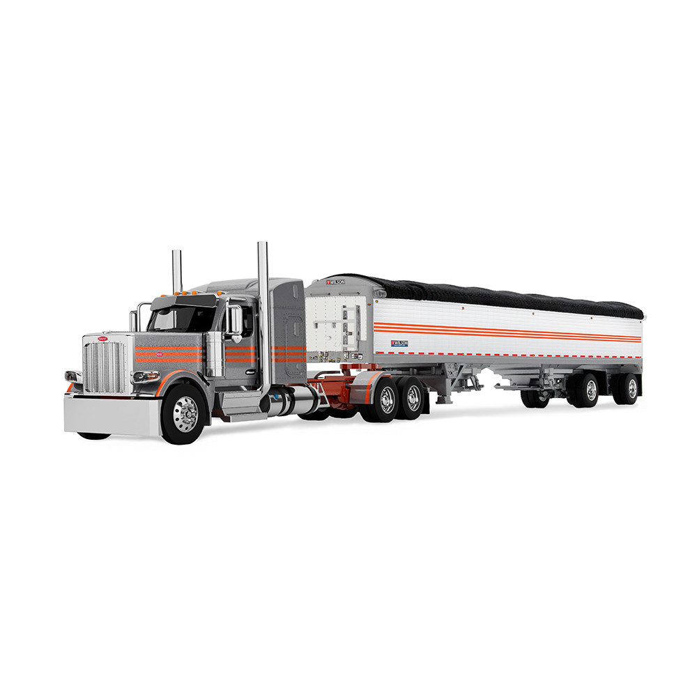 Silver/Orange Peterbilt Model 589 w/58" Mid-Roof Sleeper & 50' Wilson Pacesetter Grain Trailer
