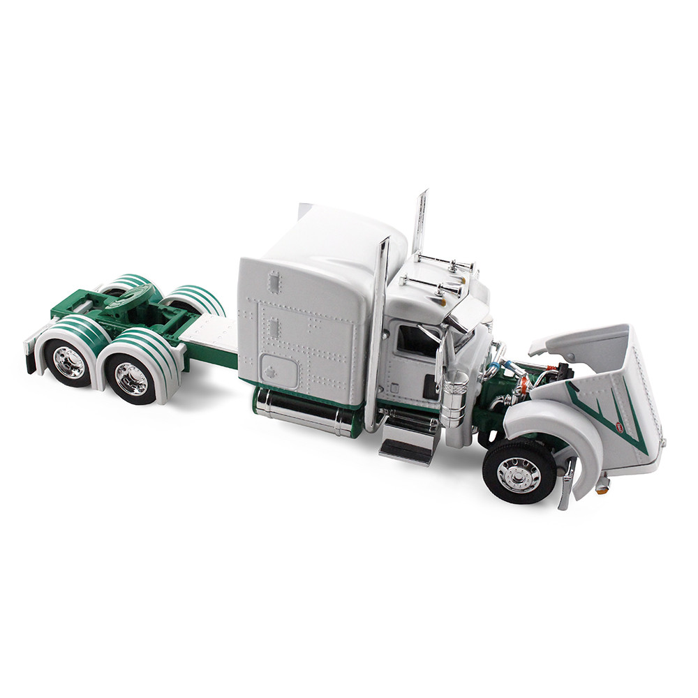 White/Green Peterbilt Model 389 with 63" Mid-Roof Sleeper & 53' Utility Trailer