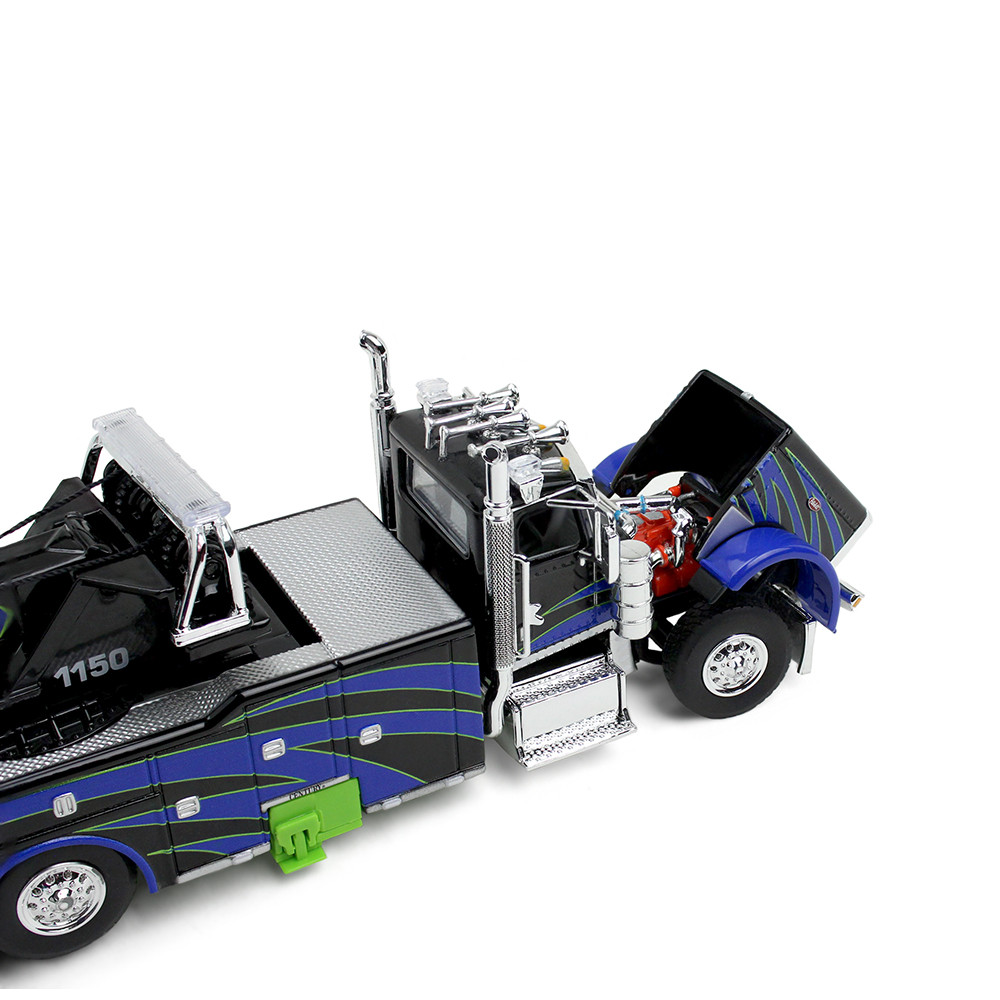 Black/Blue/Green Peterbilt Model 389 Day Cab with Miller Century Model 1150 Rotator Wrecker