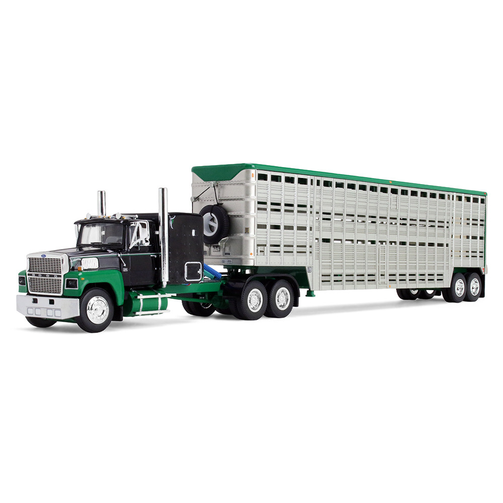 Black/Green Ford LTL 9000 with 60" Flat Top Sleeper & 45' Wilson Vintage Livestock Trailer