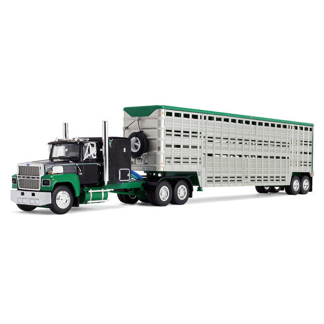 Black/Green Ford LTL 9000 with 60" Flat Top Sleeper & 45' Wilson Vintage Livestock Trailer