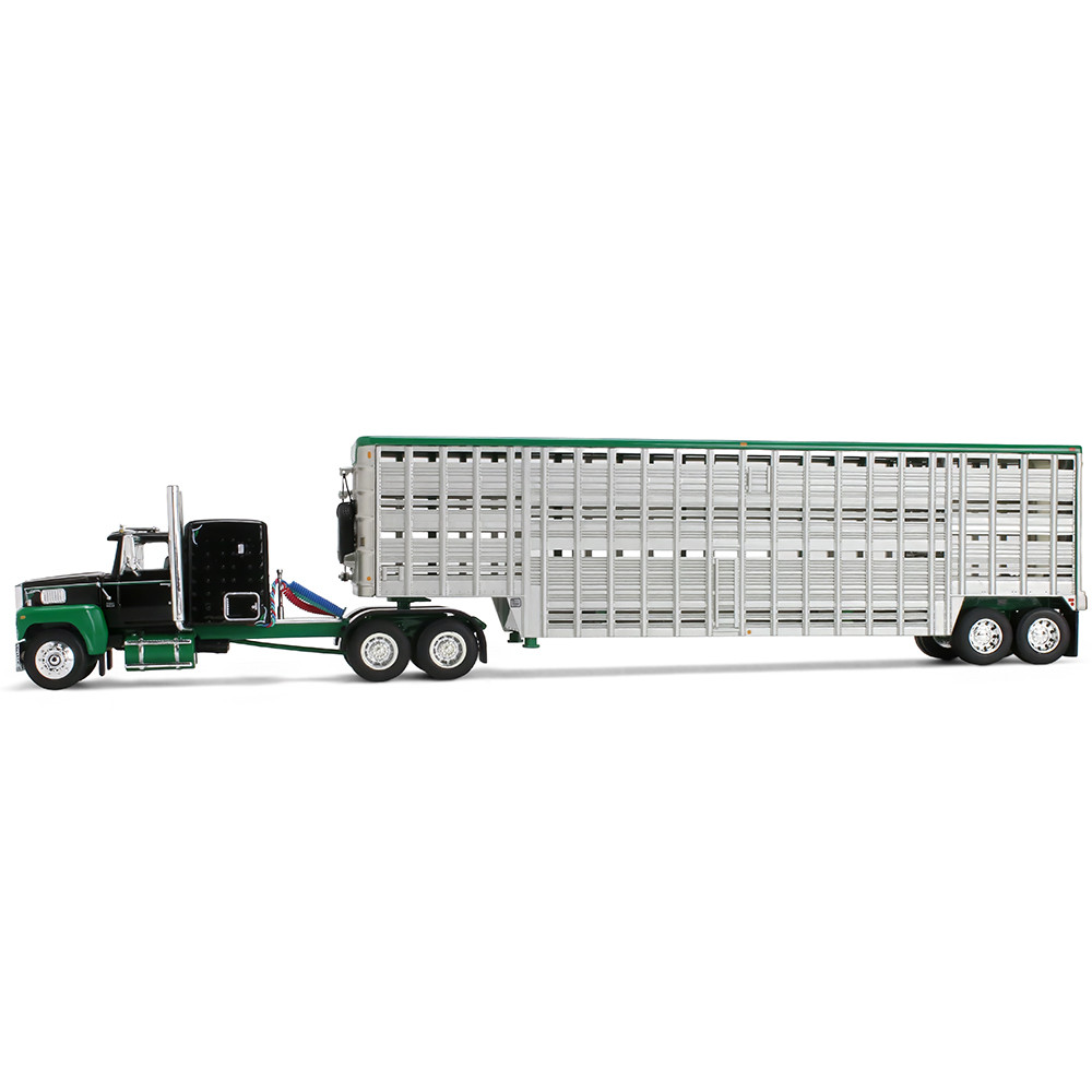 Black/Green Ford LTL 9000 with 60" Flat Top Sleeper & 45' Wilson Vintage Livestock Trailer