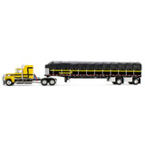 Yellow/Black Ford LTL 9000 with 60" Aerodyne Sleeper & 53' Wilson Roadbrute Flatbed Trailer with Covered Wagon