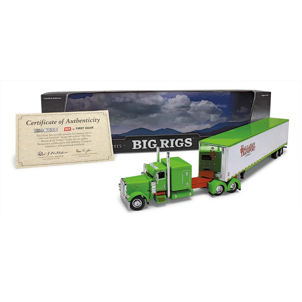 69-1329: Big Rigs #9 - Hallahan Transport
1/64 scale Peterbilt Model 389 with 63"" Flat Top Sleeper & 53' Utility Trailer