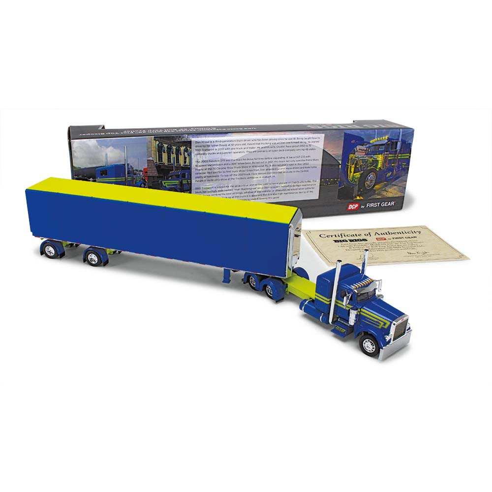 69-1679 : Big Rigs #12: DSD Transport LLC
1/64 scale Peterbilt Model 379 with 36" Flat Top Sleeper & 53' Utility Roll Tarp Trailer