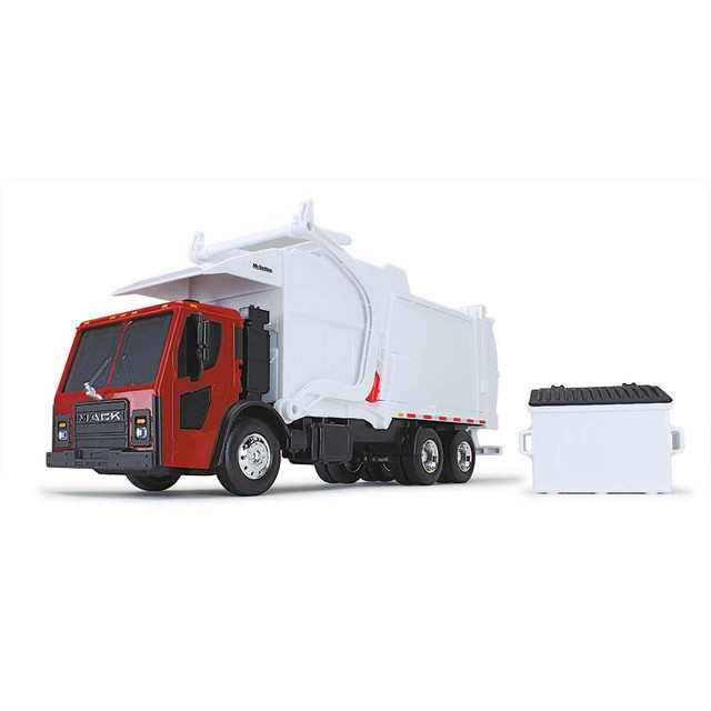70-0624: Red/White
1/25 scale Mack LR with McNeilus Meridian Front Load Refuse Truck & Bin including lights and Sounds.