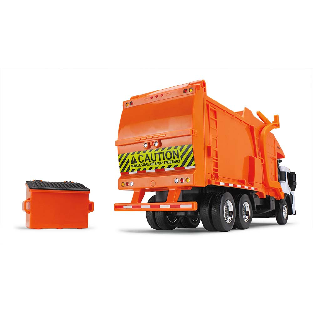 70-0625: White/Orange
1/25 scale Mack LR with McNeilus Meridian Front Load Refuse Truck & Bin including Lights and Sounds